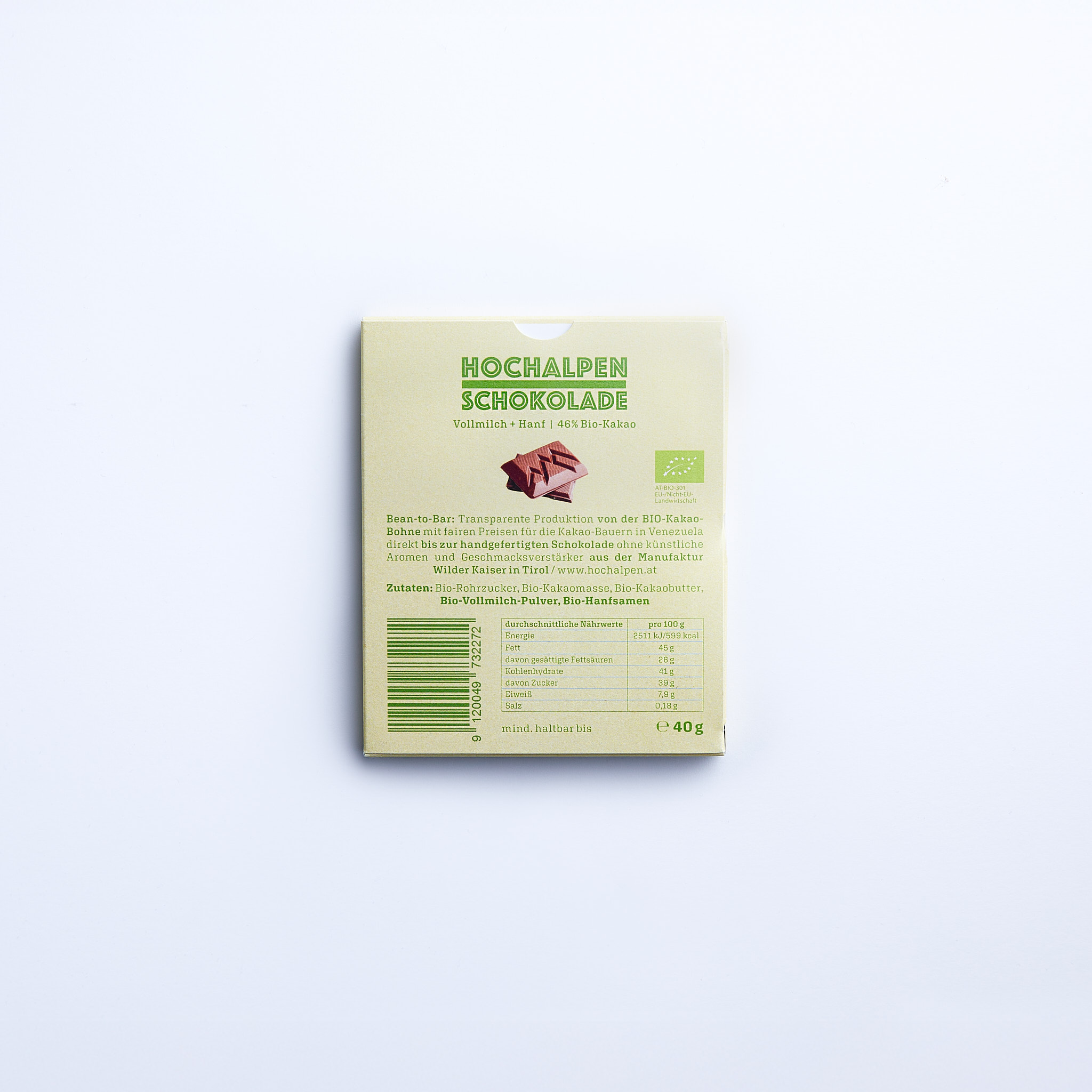 Hochalpen Schokolade Vollmilch-Hanf Verpackung Rueckseite